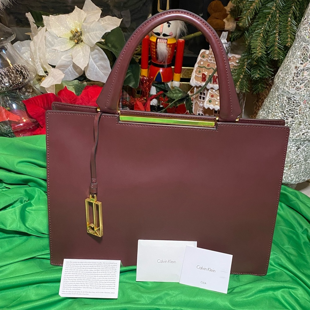 Calvin Klein Bordeaux Leather Hinged Handle Bag🔥❤️NWT! ($278) MUST SEE! 🎄